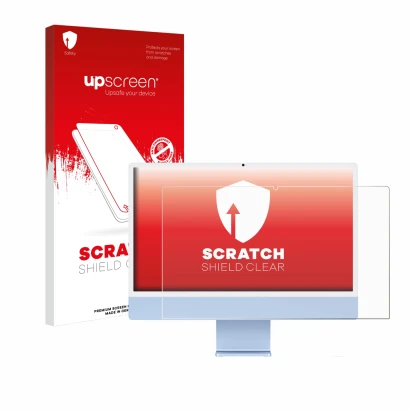 Parte frontal de un envase de producto con el logotipo de la marca upscreen. Al lado se muestra el dispositivo Apple iMac 24" 