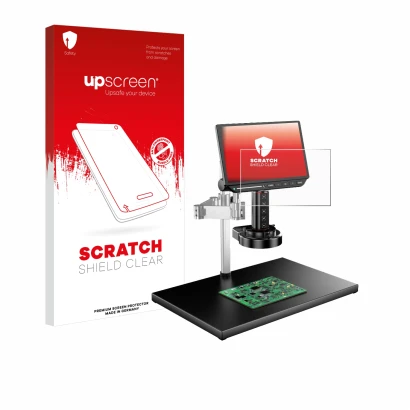 Parte frontal de un envase de producto con el logotipo de la marca upscreen. Al lado se muestra el dispositivo Tomlov TM4K-AF-