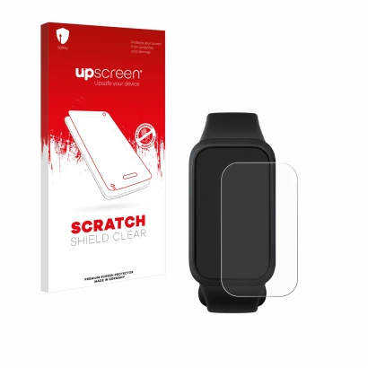 Parte frontal de un envase de producto con el logotipo de la marca upscreen. Al lado se muestra el dispositivo Xiaomi Smart Ba