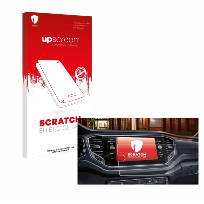 Parte frontal de un envase de producto con el logotipo de la marca upscreen. Al lado se muestra el dispositivo Volkswagen Tour