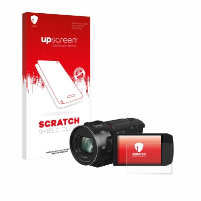 Parte frontal de un envase de producto con el logotipo de la marca upscreen. Al lado se muestra el dispositivo Panasonic HC-VX