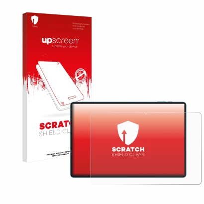 Parte frontal de un envase de producto con el logotipo de la marca upscreen. Al lado se muestra el dispositivo Teclast T70 14"