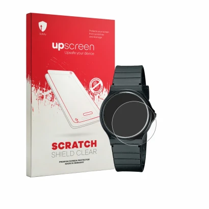 Parte frontal de un envase de producto con el logotipo de la marca upscreen. Al lado se muestra el dispositivo Casio Collectio