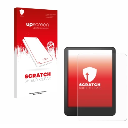 Parte frontal de un envase de producto con el logotipo de la marca upscreen. Al lado se muestra el dispositivo Amazon Kindle P