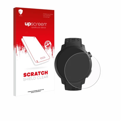 Parte frontal de un envase de producto con el logotipo de la marca upscreen. Al lado se muestra el dispositivo Coros Pace Pro 