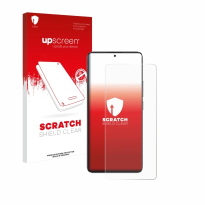 Parte frontal de un envase de producto con el logotipo de la marca upscreen. Al lado se muestra el dispositivo Xiaomi Poco F7 