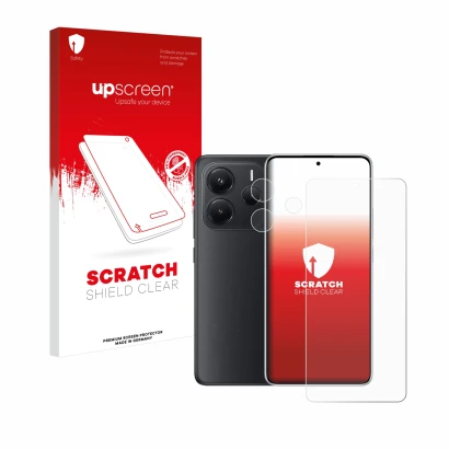 Parte frontal de un envase de producto con el logotipo de la marca upscreen. Al lado se muestra el dispositivo Xiaomi Redmi No