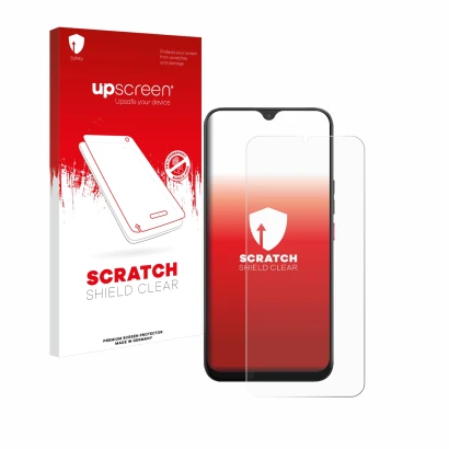 Parte frontal de un envase de producto con el logotipo de la marca upscreen. Al lado se muestra el dispositivo Volla Phone 22
