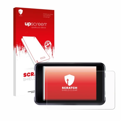 Parte frontal de un envase de producto con el logotipo de la marca upscreen. Al lado se muestra el dispositivo Atomos Shogun C