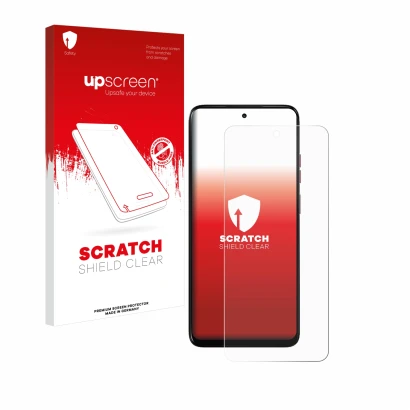 Parte frontal de un envase de producto con el logotipo de la marca upscreen. Al lado se muestra el dispositivo Motorola Moto G