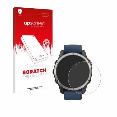 Parte frontal de un envase de producto con el logotipo de la marca upscreen. Al lado se muestra el dispositivo Garmin quatix 7