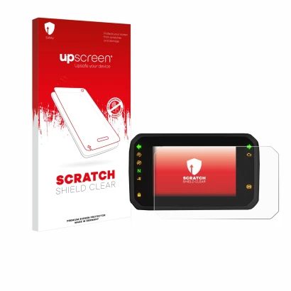 Parte frontal de un envase de producto con el logotipo de la marca upscreen. Al lado se muestra el dispositivo Honda ADV350 5"