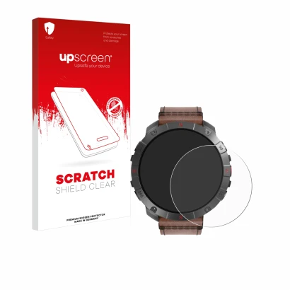 Parte frontal de un envase de producto con el logotipo de la marca upscreen. Al lado se muestra el dispositivo Polar Grit X2 P