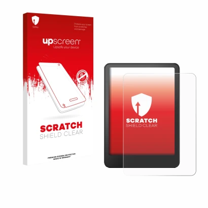 Parte frontal de un envase de producto con el logotipo de la marca upscreen. Al lado se muestra el dispositivo Amazon Kindle P