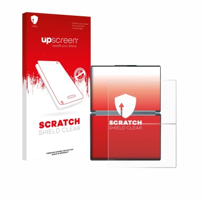 Parte frontal de un envase de producto con el logotipo de la marca upscreen. Al lado se muestra el dispositivo Lenovo Yoga Boo