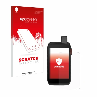 Parte frontal de un envase de producto con el logotipo de la marca upscreen. Al lado se muestra el dispositivo Garmin Montana
