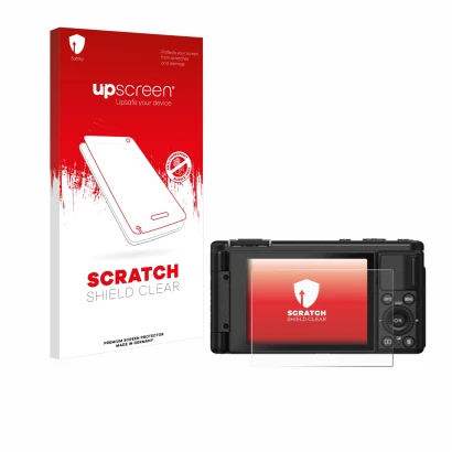 Parte frontal de un envase de producto con el logotipo de la marca upscreen. Al lado se muestra el dispositivo Yashica City 20