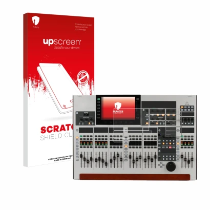 Parte frontal de un envase de producto con el logotipo de la marca upscreen. Al lado se muestra el dispositivo Behringer Wing 