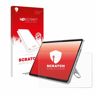 Parte frontal de un envase de producto con el logotipo de la marca upscreen. Al lado se muestra el dispositivo Lenovo Tab 10.1