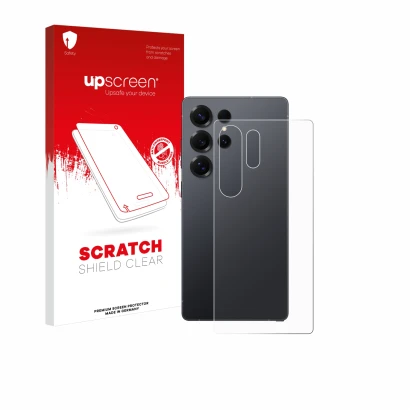 Parte frontal de un envase de producto con el logotipo de la marca upscreen. Al lado se muestra el dispositivo Samsung Galaxy 