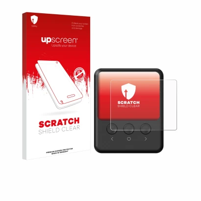 Parte frontal de un envase de producto con el logotipo de la marca upscreen. Al lado se muestra el dispositivo ISDT 608PD con