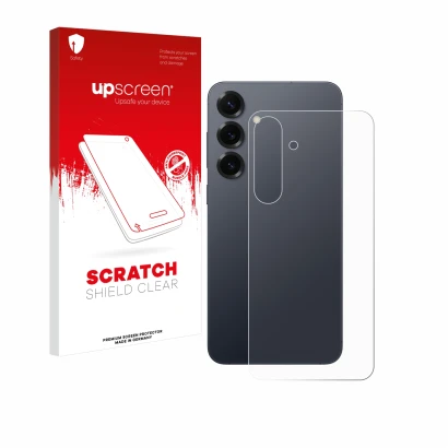Parte frontal de un envase de producto con el logotipo de la marca upscreen. Al lado se muestra el dispositivo Samsung Galaxy 