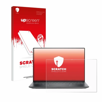 Parte frontal de un envase de producto con el logotipo de la marca upscreen. Al lado se muestra el dispositivo Dell Precision