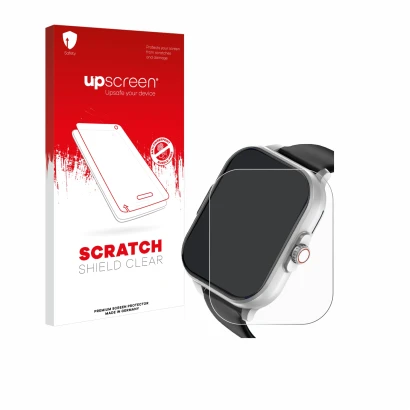 Parte frontal de un envase de producto con el logotipo de la marca upscreen. Al lado se muestra el dispositivo YYKY E02 2.01"