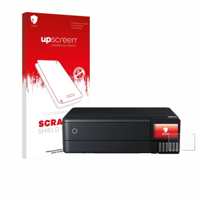 Parte frontal de un envase de producto con el logotipo de la marca upscreen. Al lado se muestra el dispositivo Epson EcoTank E