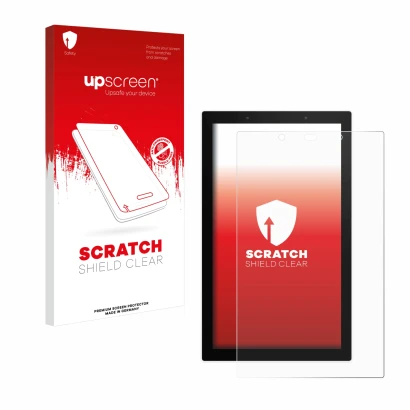Parte frontal de un envase de producto con el logotipo de la marca upscreen. Al lado se muestra el dispositivo SONOFF NSPanel 