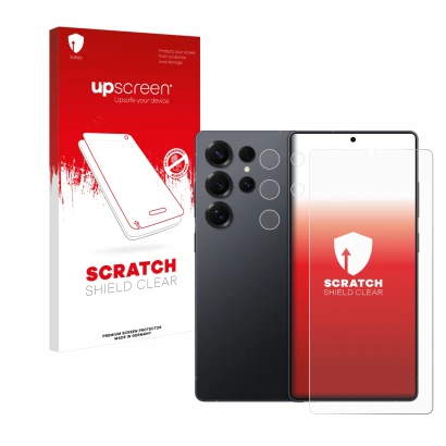 Parte frontal de un envase de producto con el logotipo de la marca upscreen. Al lado se muestra el dispositivo Samsung Galaxy 
