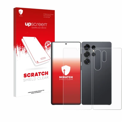 Parte frontal de un envase de producto con el logotipo de la marca upscreen. Al lado se muestra el dispositivo Samsung Galaxy 