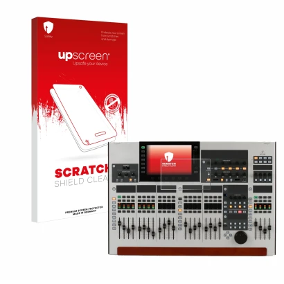 Parte frontal de un envase de producto con el logotipo de la marca upscreen. Al lado se muestra el dispositivo Behringer Wing