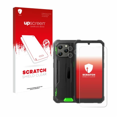 Parte frontal de un envase de producto con el logotipo de la marca upscreen. Al lado se muestra el dispositivo Blackview BV530