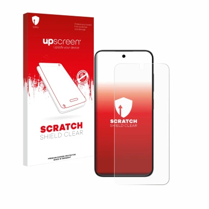 Parte frontal de un envase de producto con el logotipo de la marca upscreen. Al lado se muestra el dispositivo ZTE Blade V70 V