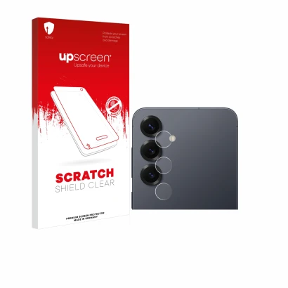Parte frontal de un envase de producto con el logotipo de la marca upscreen. Al lado se muestra el dispositivo Samsung Galaxy