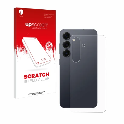 Parte frontal de un envase de producto con el logotipo de la marca upscreen. Al lado se muestra el dispositivo Samsung Galaxy