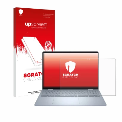 Parte frontal de un envase de producto con el logotipo de la marca upscreen. Al lado se muestra el dispositivo Dell 16 Plus-2-