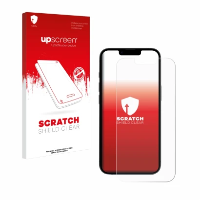Parte frontal de un envase de producto con el logotipo de la marca upscreen. Al lado se muestra el dispositivo Apple iPhone 16