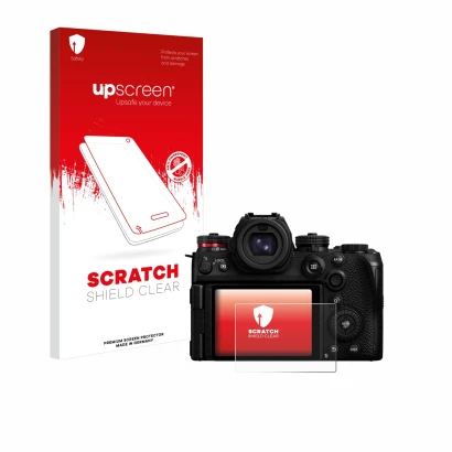 Parte frontal de un envase de producto con el logotipo de la marca upscreen. Al lado se muestra el dispositivo Panasonic Lumix