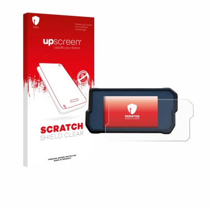 Parte frontal de un envase de producto con el logotipo de la marca upscreen. Al lado se muestra el dispositivo KTM 390 / 890 A