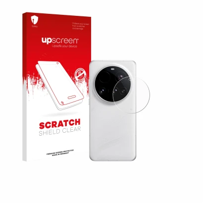 Parte frontal de un envase de producto con el logotipo de la marca upscreen. Al lado se muestra el dispositivo Xiaomi 15 Ultra