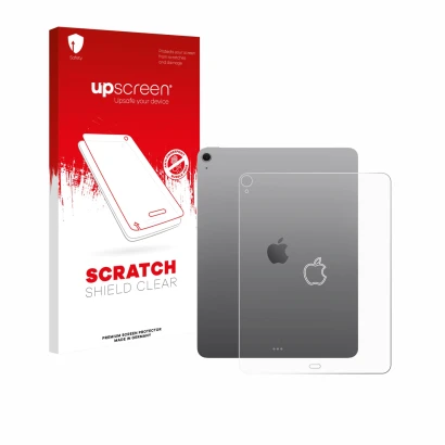 Parte frontal de un envase de producto con el logotipo de la marca upscreen. Al lado se muestra el dispositivo Apple iPad Air 