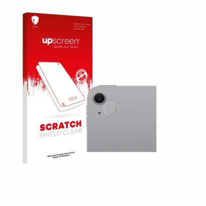 Parte frontal de un envase de producto con el logotipo de la marca upscreen. Al lado se muestra el dispositivo Apple iPad Air 
