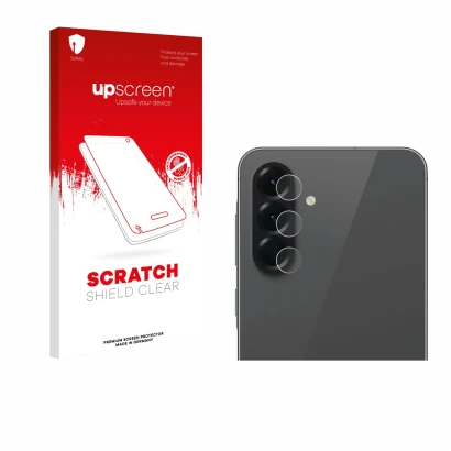 Parte frontal de un envase de producto con el logotipo de la marca upscreen. Al lado se muestra el dispositivo Samsung Galaxy 