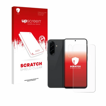 Parte frontal de un envase de producto con el logotipo de la marca upscreen. Al lado se muestra el dispositivo Samsung Galaxy 