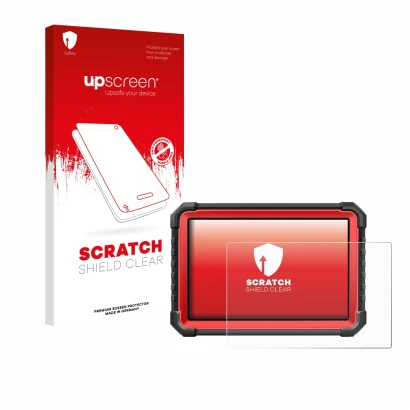 Parte frontal de un envase de producto con el logotipo de la marca upscreen. Al lado se muestra el dispositivo Launch X-431 PR