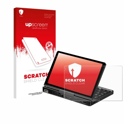 Parte frontal de un envase de producto con el logotipo de la marca upscreen. Al lado se muestra el dispositivo GPD Pocket 4 co