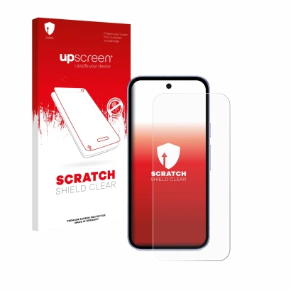 Parte frontal de un envase de producto con el logotipo de la marca upscreen. Al lado se muestra el dispositivo Google Pixel 9a