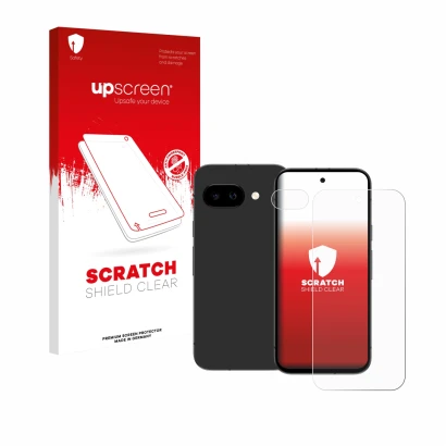 Parte frontal de un envase de producto con el logotipo de la marca upscreen. Al lado se muestra el dispositivo Google Pixel 9a